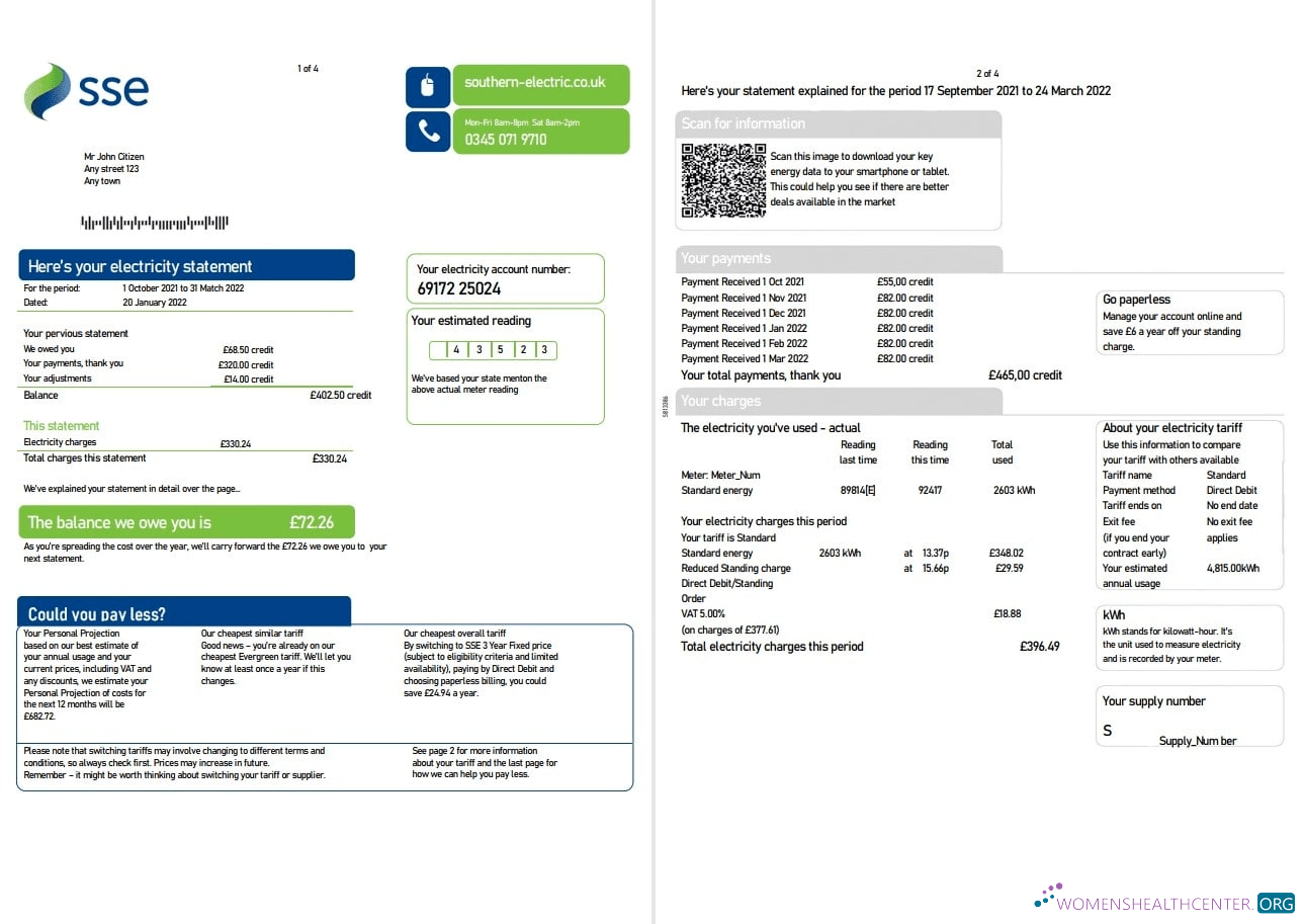 download United Kingdom SSE Energy utility bill, Word and PDF template, 4 pages 1 2 PDF template